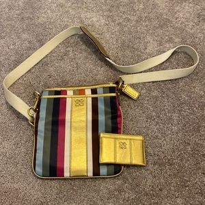 Multi striped Coach crossbody and card wallet